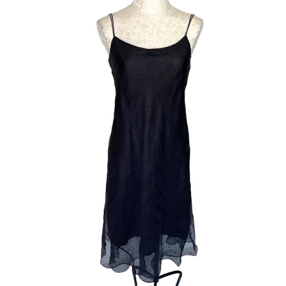 NWT Lauren Ralph Lauren Black 100% Silk Slip Gown Dress polka dot overlay Size 8 - Picture 2 of 10